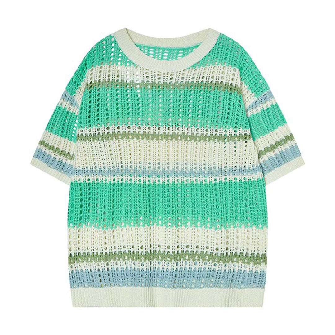 Women's striped crochet open-knit tee relaxed fit lightweight cotton layering top vintage-inspired