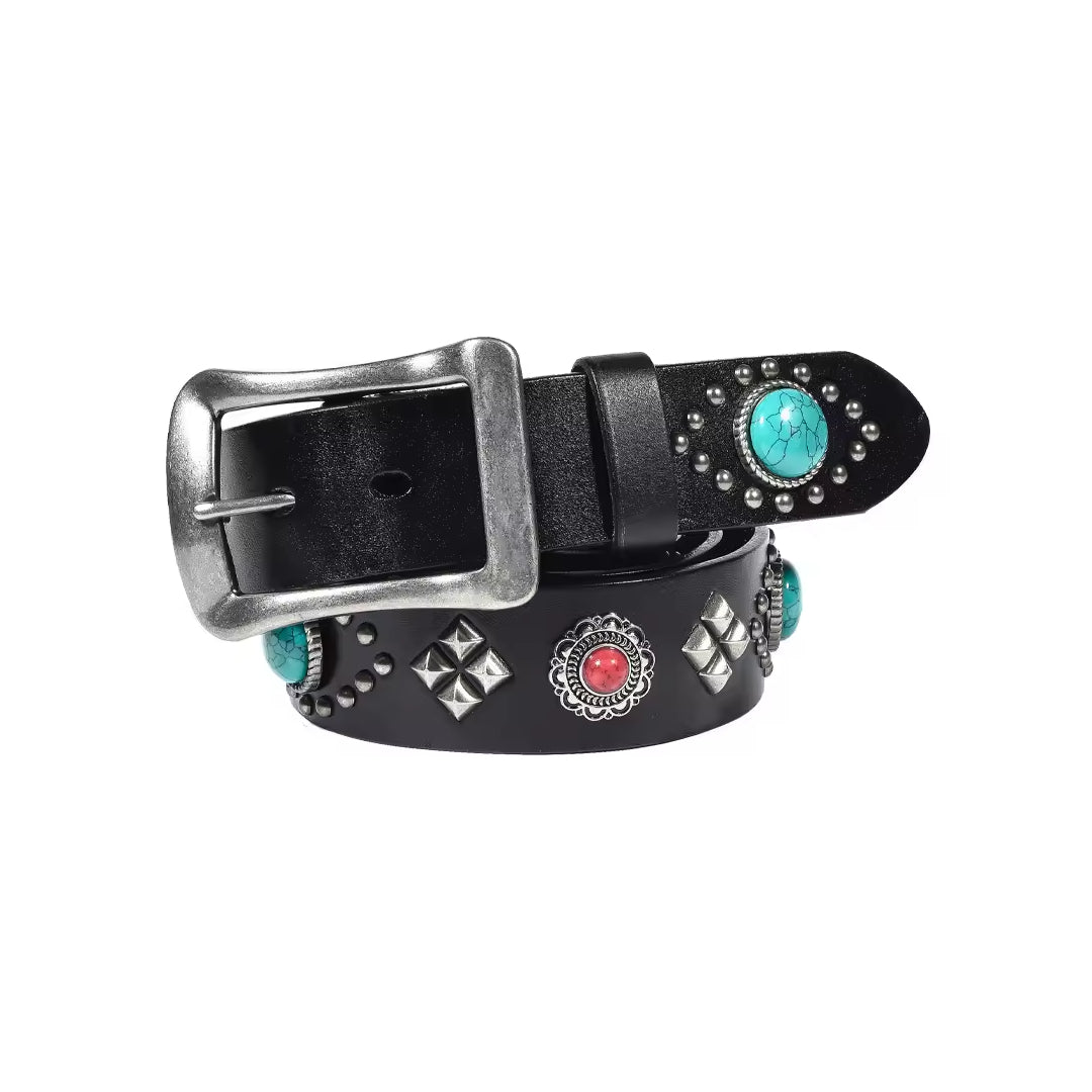 Turquoise genuine leather women's belt with ruby inlays, riveted artisan statement accessory