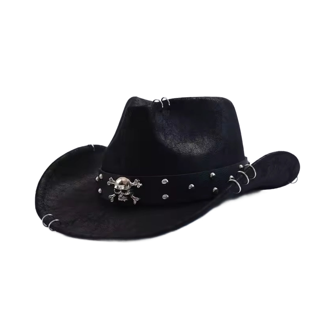 Black vegan leather cowboy hat with metal skull detailing and studded brim, bold Western rebel style