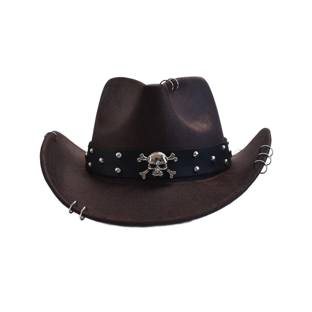 Black vegan leather cowboy hat with metal skull detailing and studded brim for bold rebel style