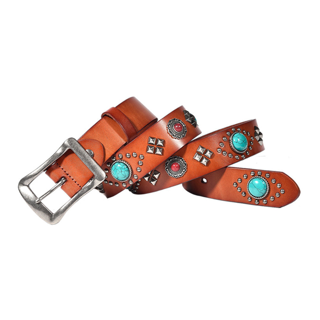 Turquoise genuine leather women's belt with ruby inlays and silver rivets, artisan statement accessory