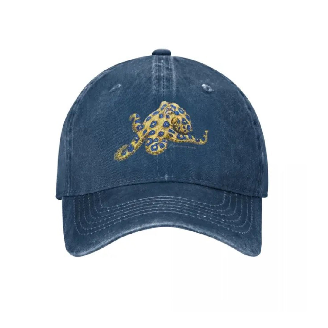 Vintage denim adjustable baseball cap with blue ringed octopus embroidery, ocean-inspired cotton hat