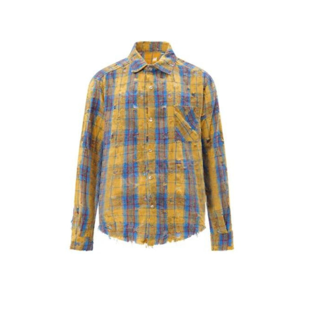 Men's ripped plaid shirt with frayed hem, distressed edges, turn-down collar streetwear style