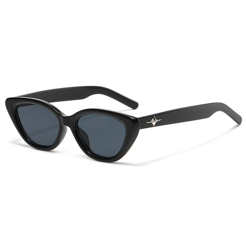 Glossy black acetate cat eye sunglasses with bold star temple details for confident style