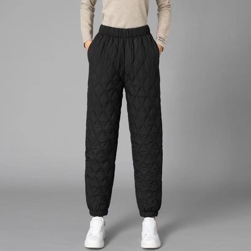 Black diamond quilted pants elastic waistband lightweight urban streetwear relaxed fit