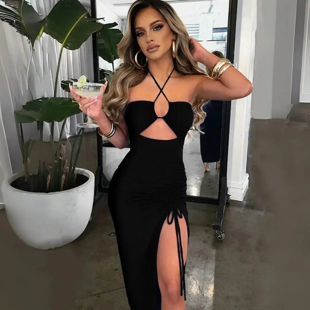 Women's black ruched halter maxi dress with front slit and keyhole cutout neckline
