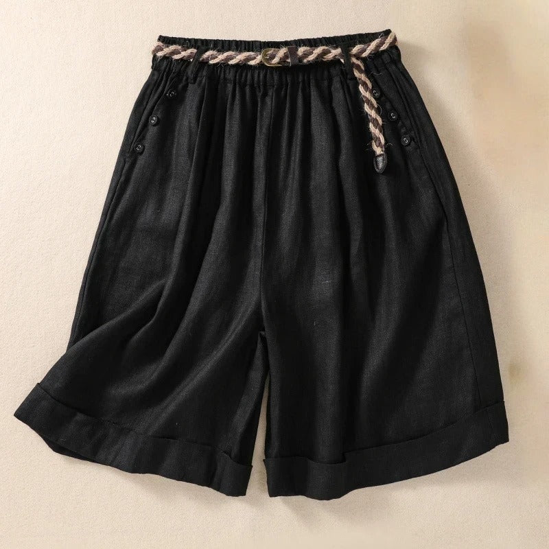 Women's linen belted shorts relaxed fit pleated waist with rope belt soft airy summer style