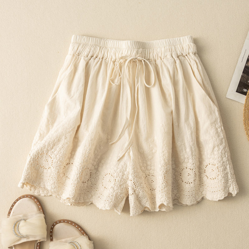 Women's beige linen-cotton blend shorts with scalloped hem and feminine relaxed fit