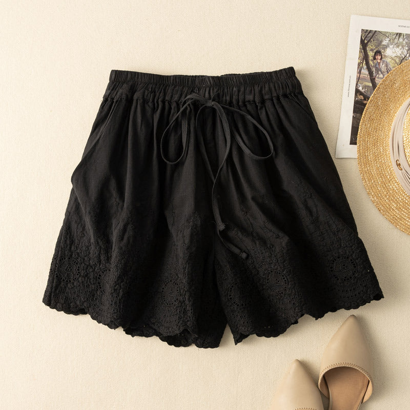 Women's beige linen-cotton blend shorts with scalloped hem and delicate feminine detailing