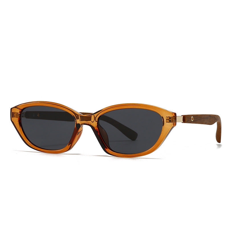 Black matte cat-eye sunglasses with wood-inspired arms and UV protection for women