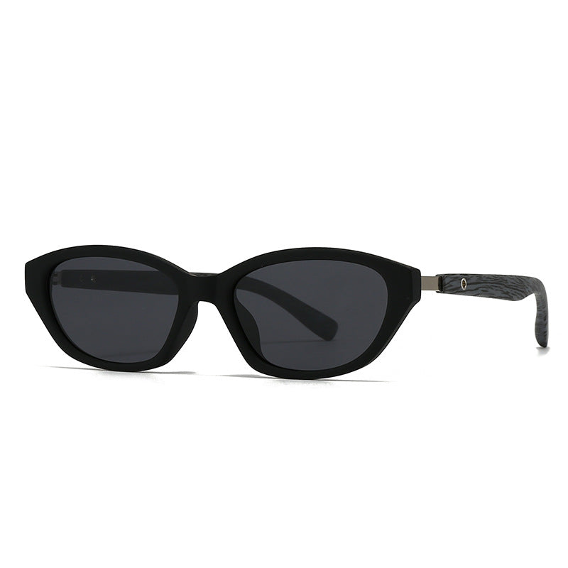 Black matte cat-eye sunglasses with wood-inspired arms and UV protection for women