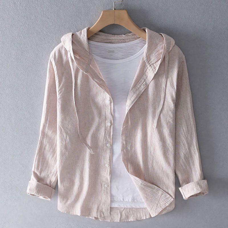 Men's striped linen hoodie shirt lightweight breathable cotton blend casual summer pullover