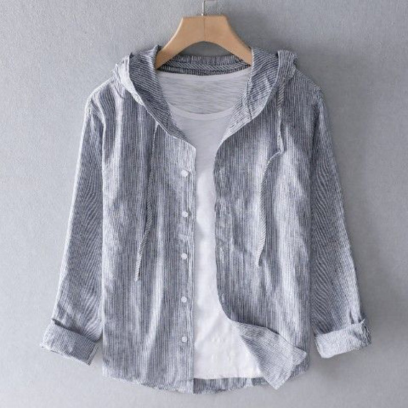 Nova striped linen-cotton hoodie shirt, lightweight breathable pinstripe casual coastal summer style