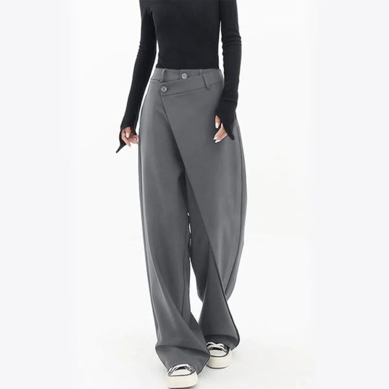Black wrap-leg trousers with draped crossover front and asymmetric silhouette for women