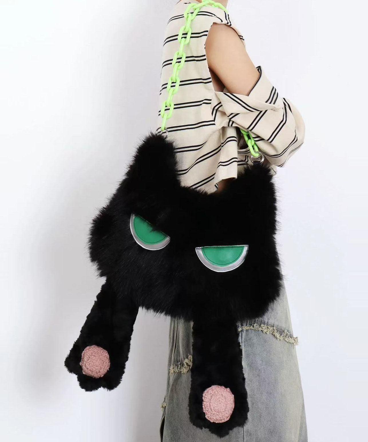 Sacs à main fantaisie en fourrure duveteuse en forme de chat noir pour filles - Urbann-Vibe