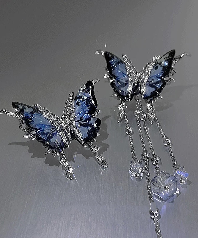 Boucles d'oreilles pendantes asymétriques fantaisie en alliage de cuivre bleu et résine cristalline avec pompon papillon - Urbann-Vibe