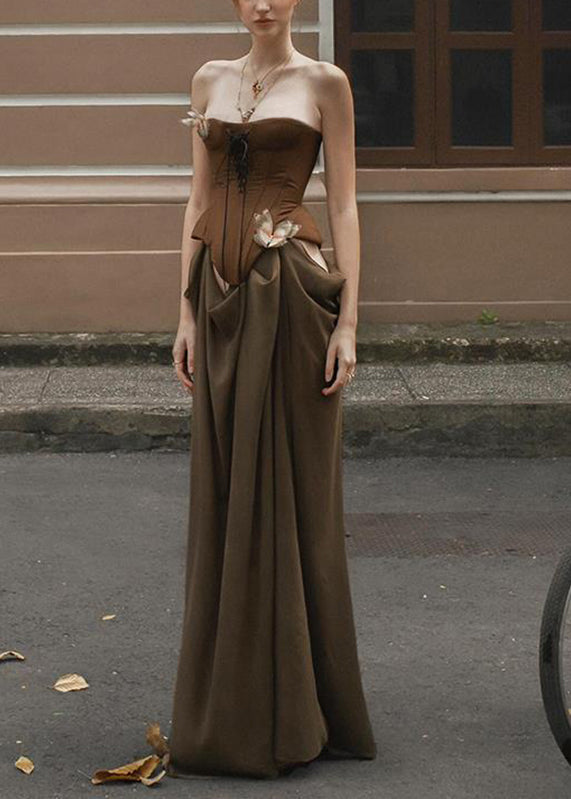 Robe longue de vacances marron fantaisie à épaules dénudées et patchwork pour l'été - Urbann-Vibe