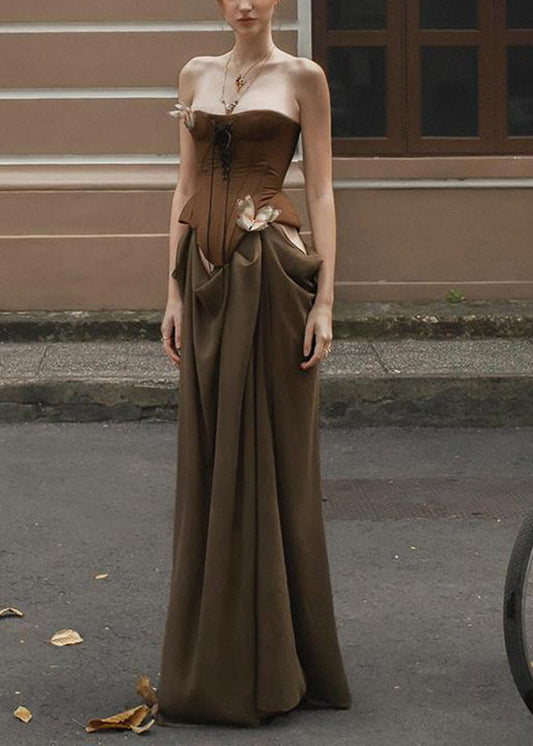Robe longue de vacances marron fantaisie à épaules dénudées et patchwork pour l'été - Urbann-Vibe