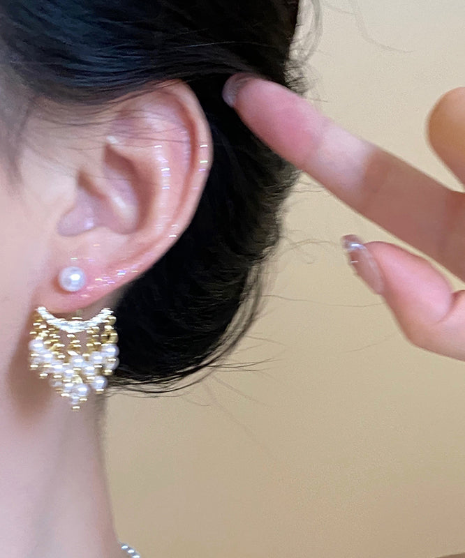 Boucles d'oreilles pendantes fantaisie en or, cuivre, zircon et perles - Urbann-Vibe