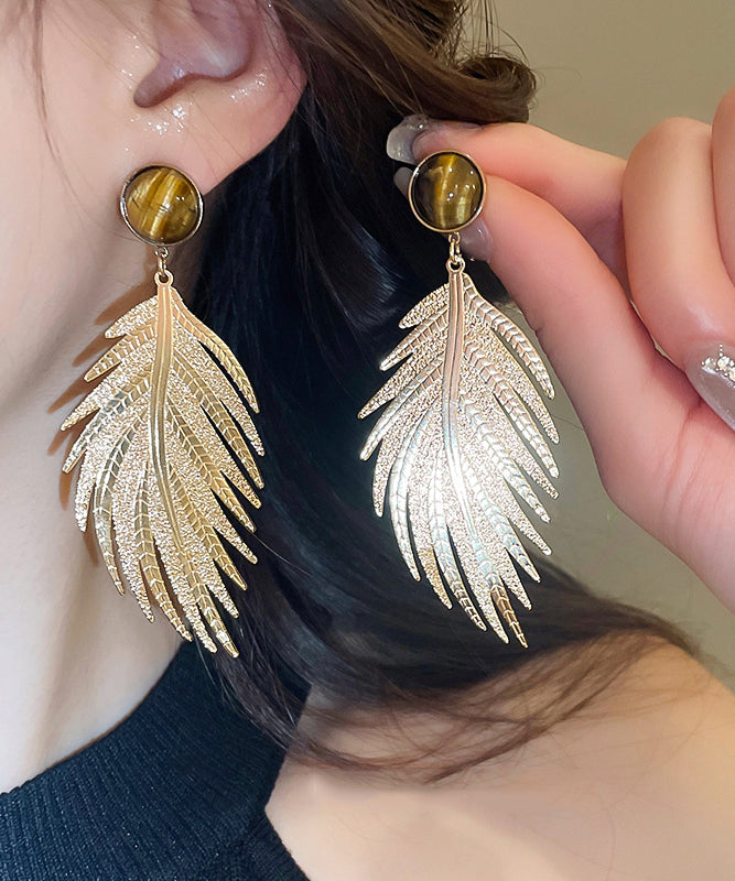 Boucles d'oreilles pendantes fantaisie en forme de feuille, en or, cuivre et zircon, œil de tigre - Urbann-Vibe
