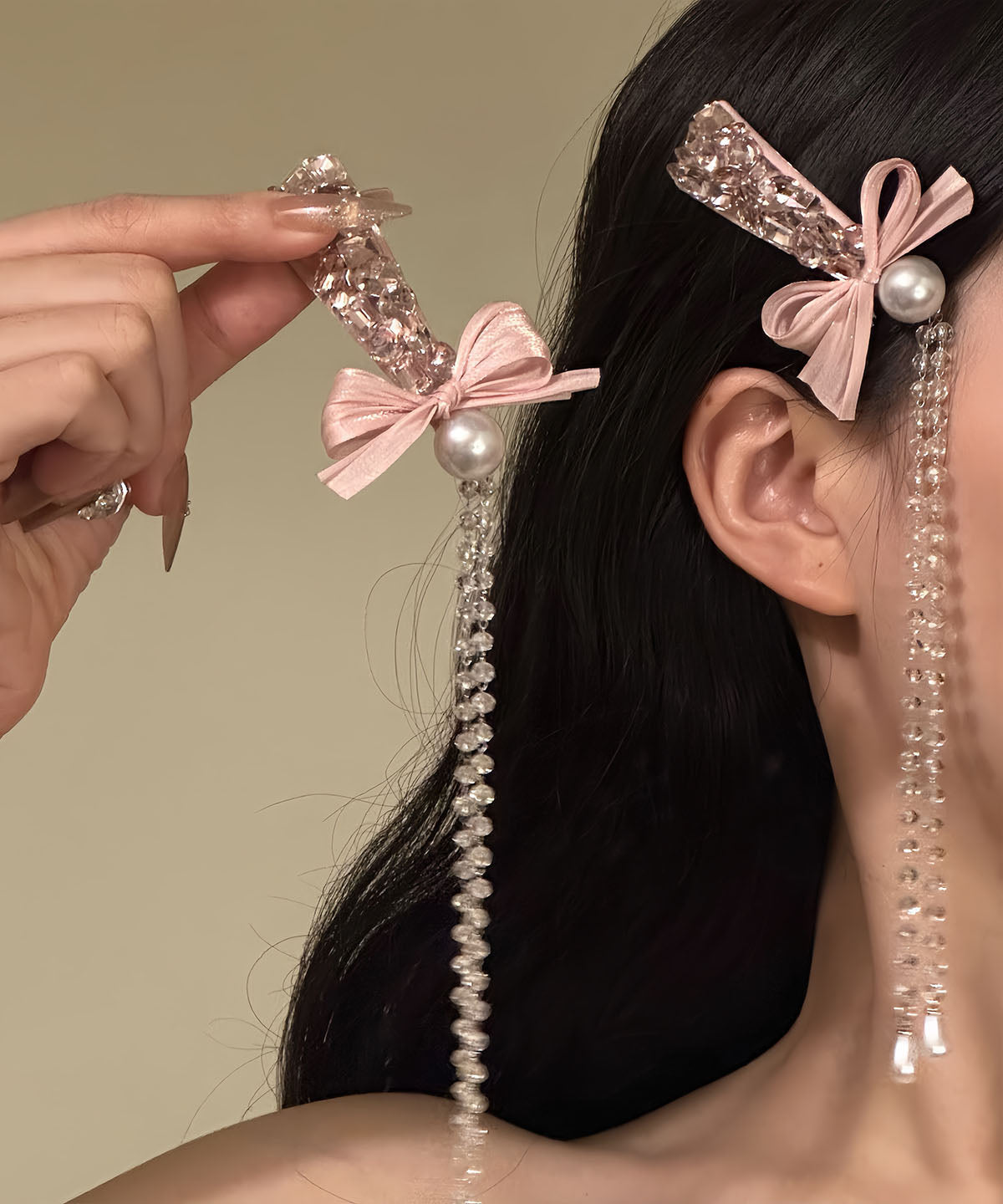 Paire d'épingles à cheveux fantaisie en alliage rose avec nœud et pompon en zircon - Urbann-Vibe