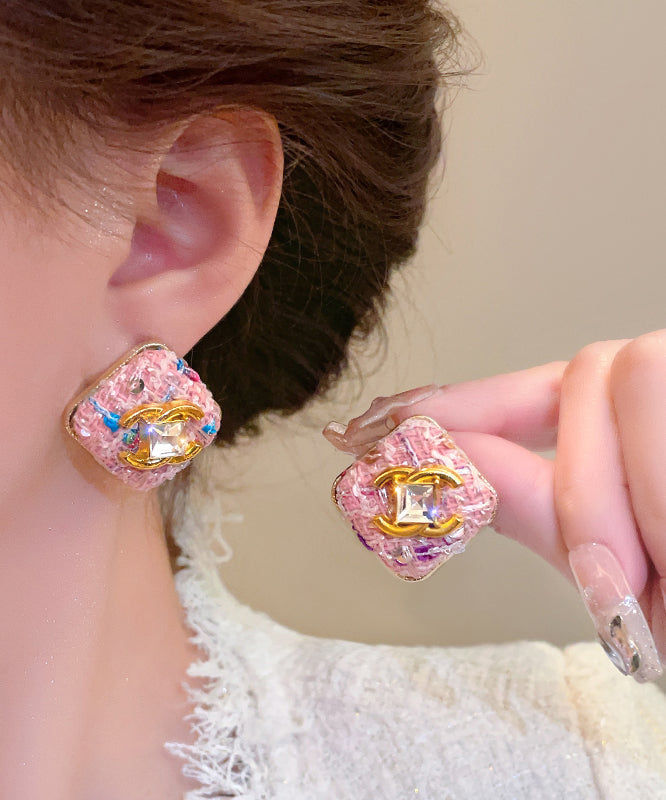 Boucles d'oreilles à tige carrées fantaisie en alliage de zircon rose - Urbann-Vibe
