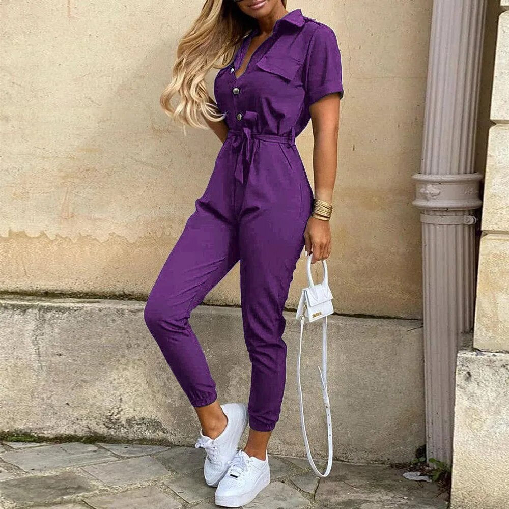 Women's utility jumpsuit with button closure and waist tie, versatile one-piece for casual or evening wear