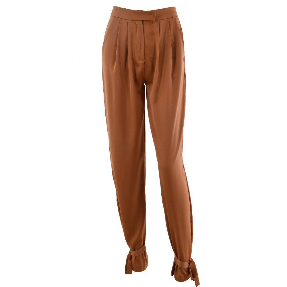 Women's linen wide-leg pants relaxed fit with charming bow detail in breathable summer fabric
