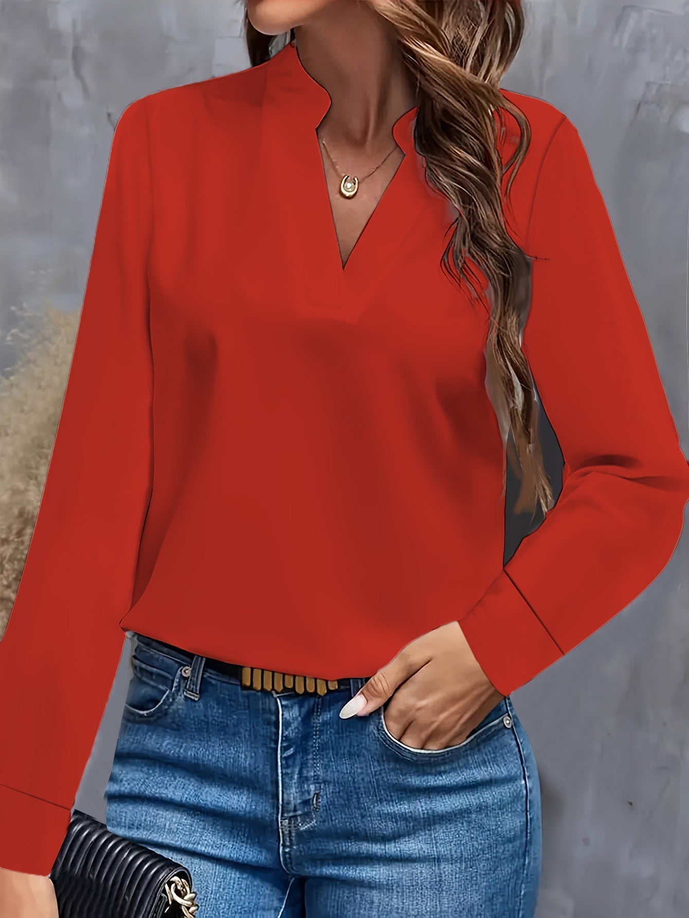 Women's loose fit V-neck Mandarin collar blouse long sleeve elegant workwear top