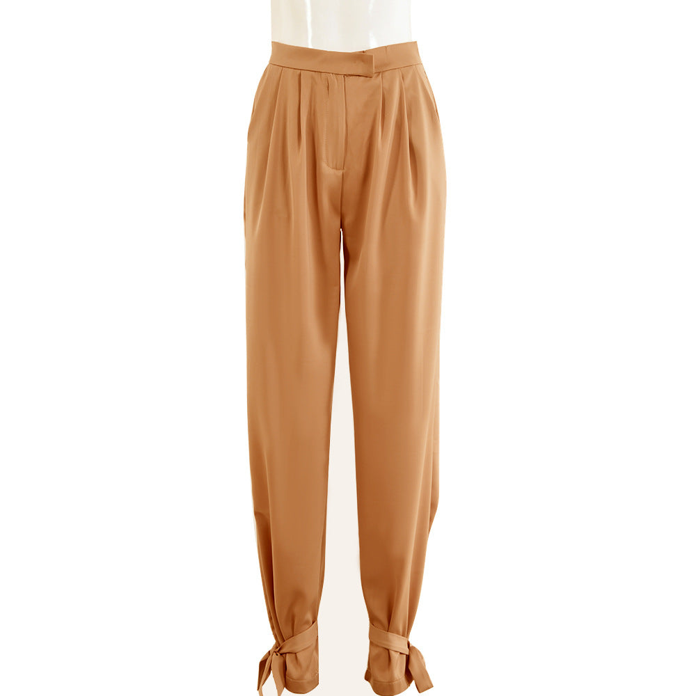 Women's linen wide-leg pants with bow detail, relaxed breathable fit for summer comfort