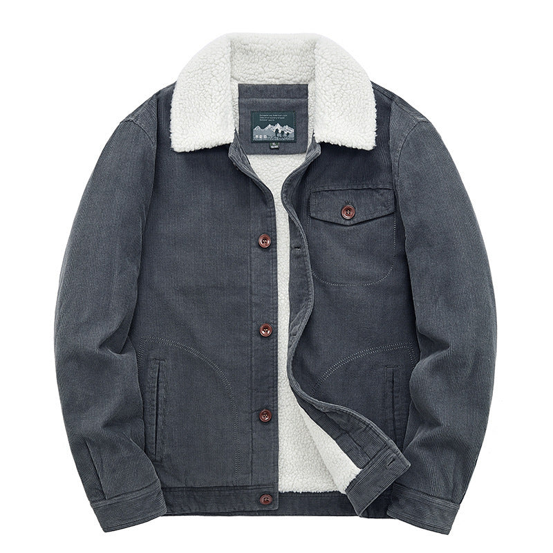 Men's slim fit teddy plush jacket, warm camel vintage style with lapel collar button closure
