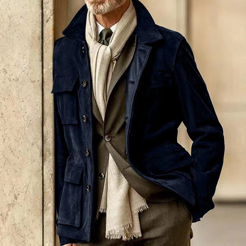 Men's vintage multi-pocket jacket relaxed fit zipper closure classic lapels casual everyday style