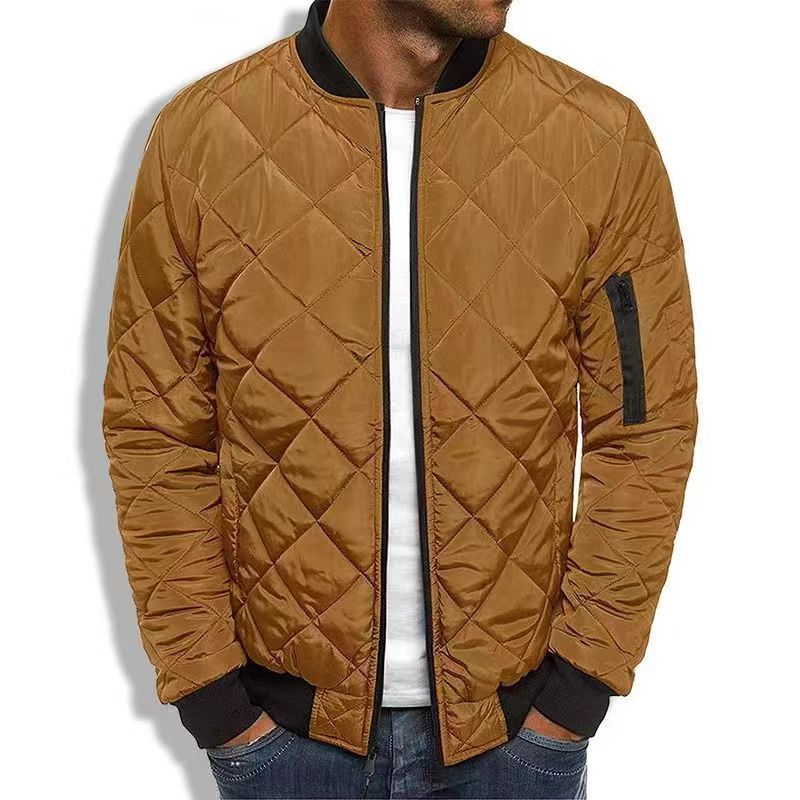 Men's black winter bomber jacket diamond quilted pattern zippered front urban street style