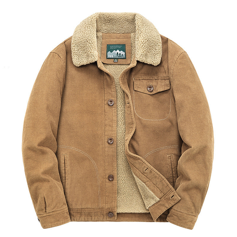 Men's slim fit teddy plush jacket brown vintage lapel collar warm button closure coat