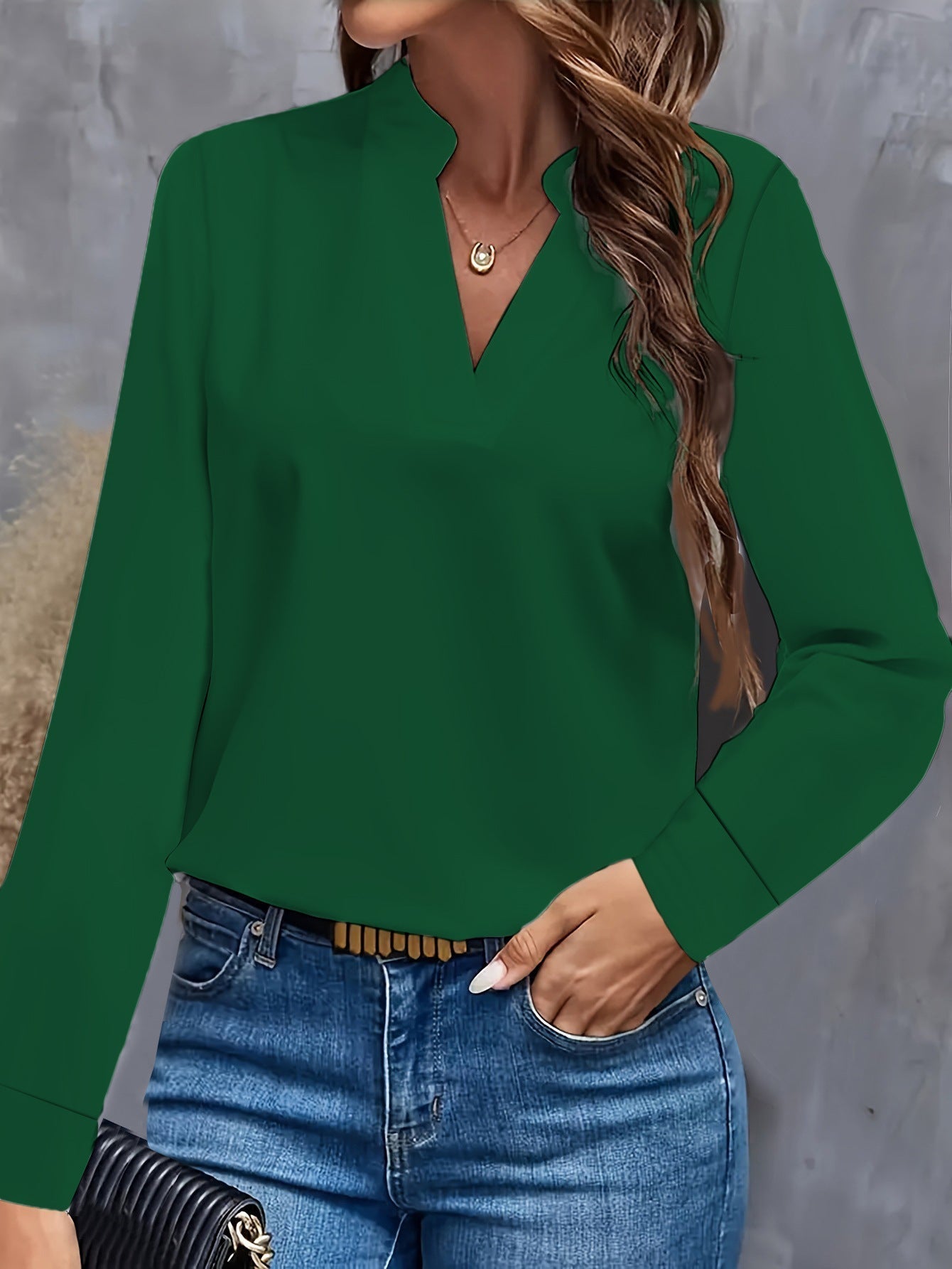 Women's loose fit V-neck Mandarin collar blouse long sleeve elegant workwear top