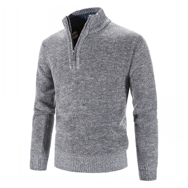 Men's classic knit zip-up sweater in neutral tone, full-length zipper, slim timeless silhouette