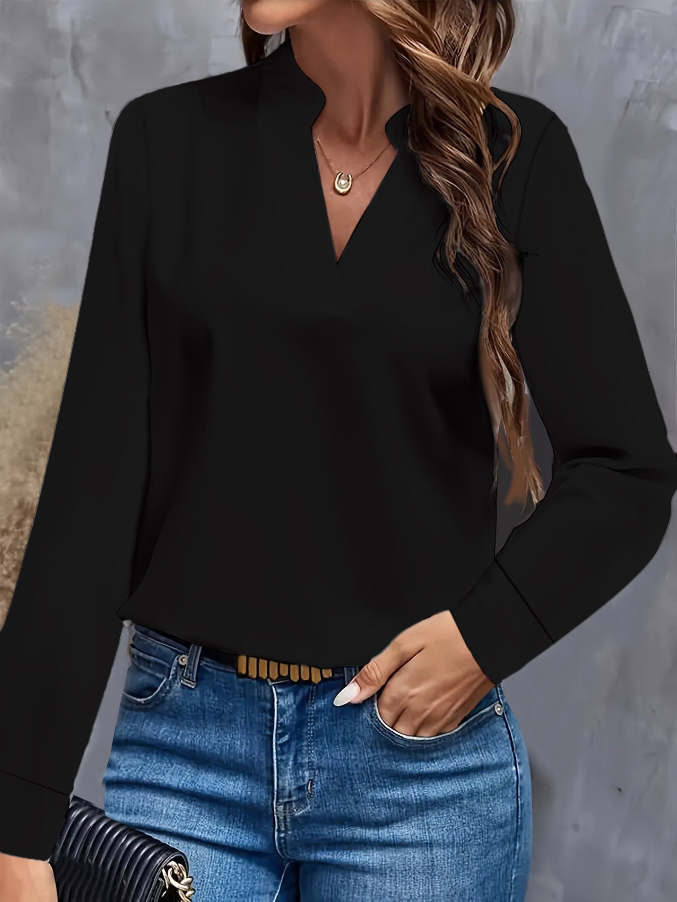 Women's loose fit V-neck Mandarin collar blouse long sleeve elegant workwear top