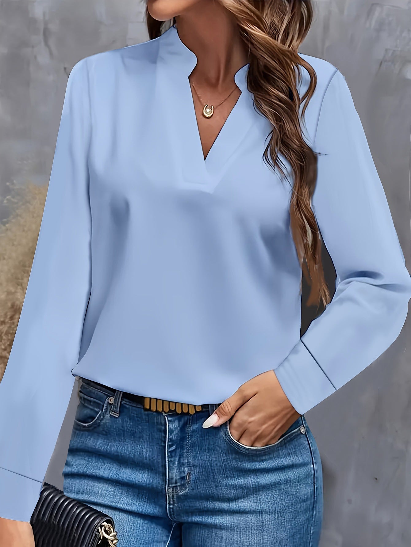 Women's loose fit V-neck Mandarin collar blouse long sleeve elegant workwear top