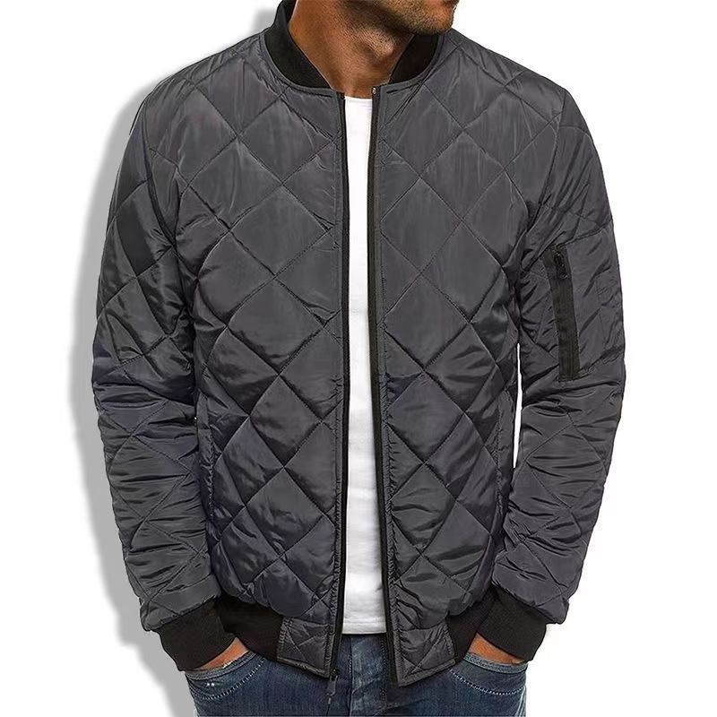 Men's black diamond quilted winter bomber jacket with zippered front for urban style