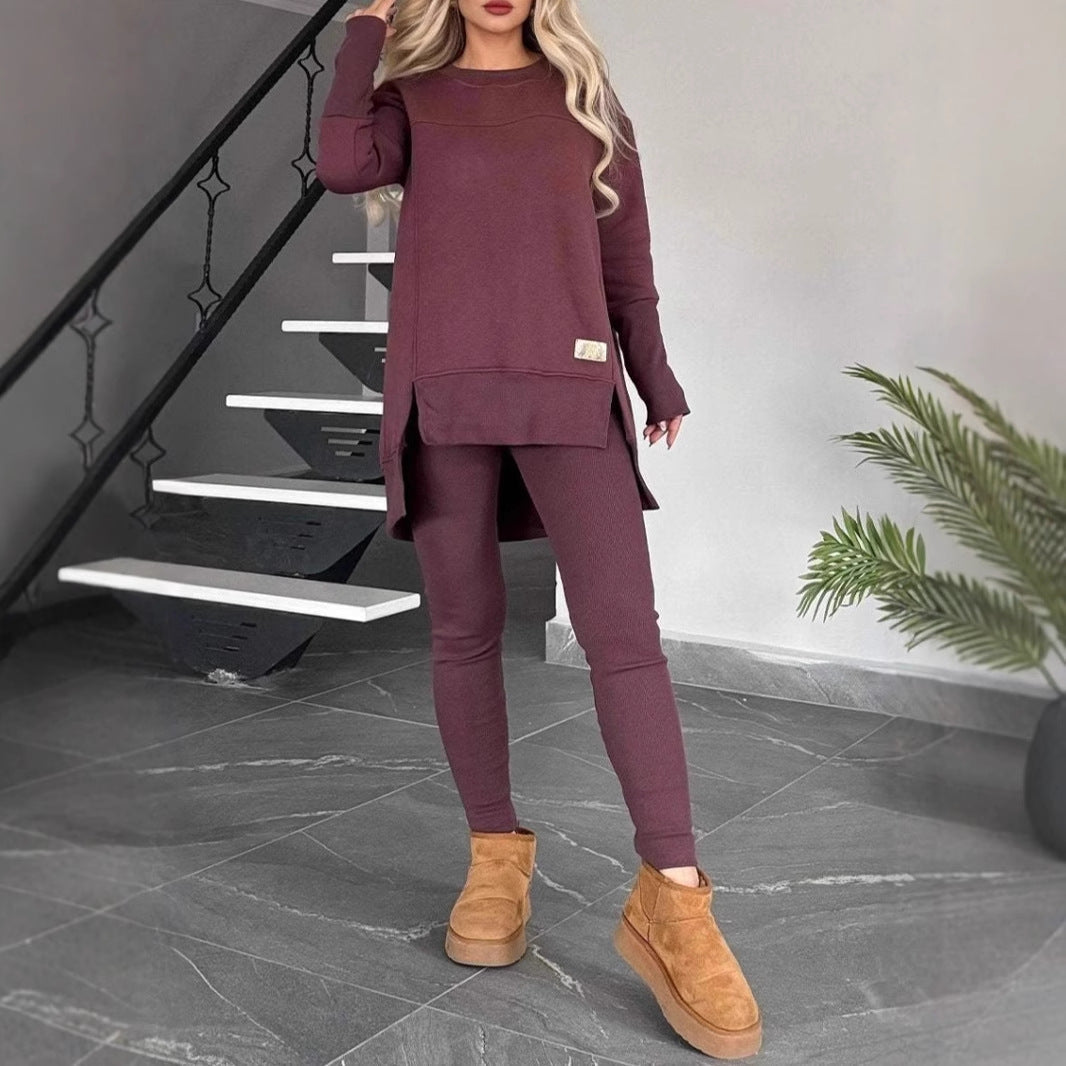 Women's soft knit set oversized slit sweater with fitted leggings, cozy all-day comfort style