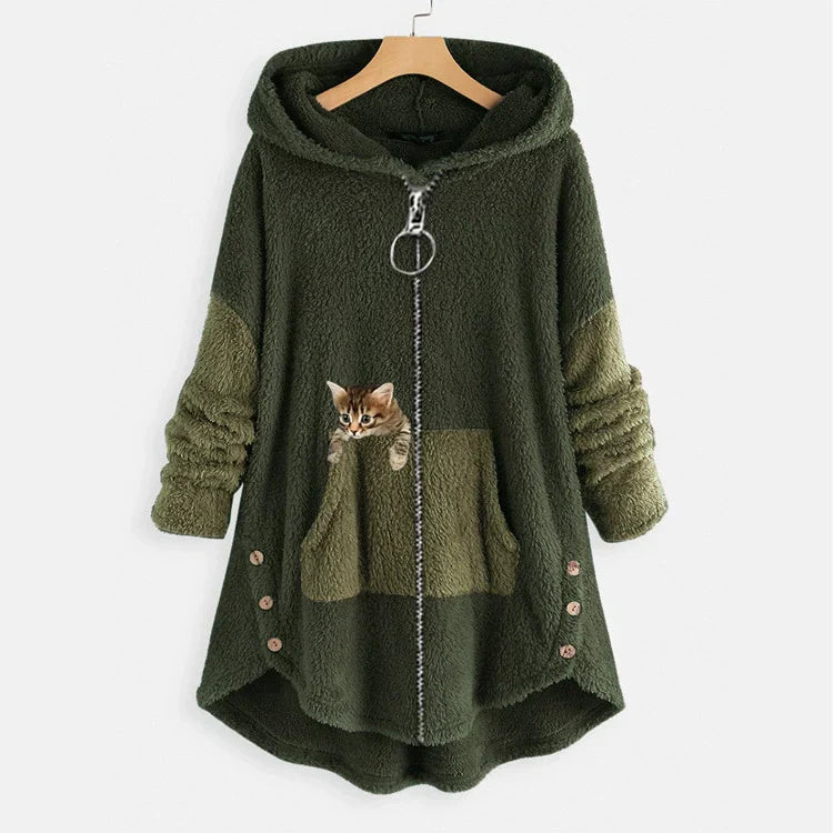 Women's oversized plush fleece hooded jacket high-low hem with playful cat pocket, cozy longline fit