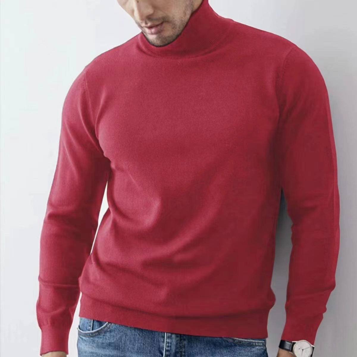 Men's slim fit turtleneck top cotton blend long sleeve ribbed trim layering essential