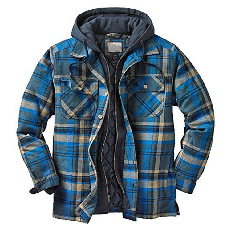 Men's hooded plaid jacket quilted lining winter coat classic checkered pattern casual style