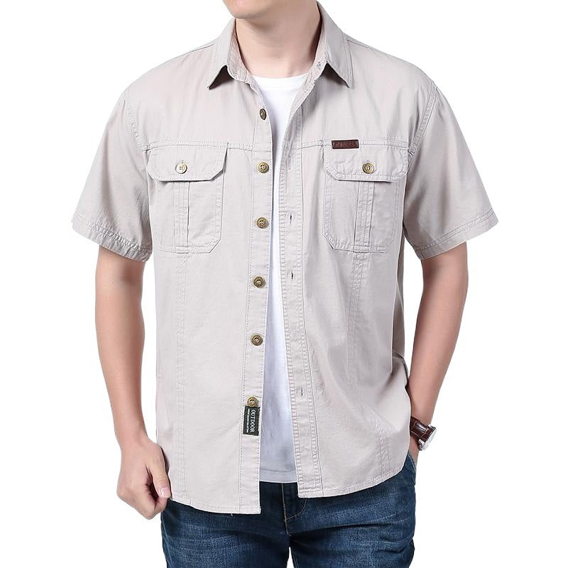 Men's relaxed fit cotton blend short sleeve shirt with dual chest pockets, casual everyday style