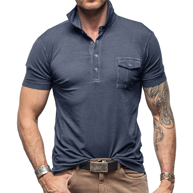 Men's slim fit breathable cotton polo shirt with stand collar and chest pocket, versatile style