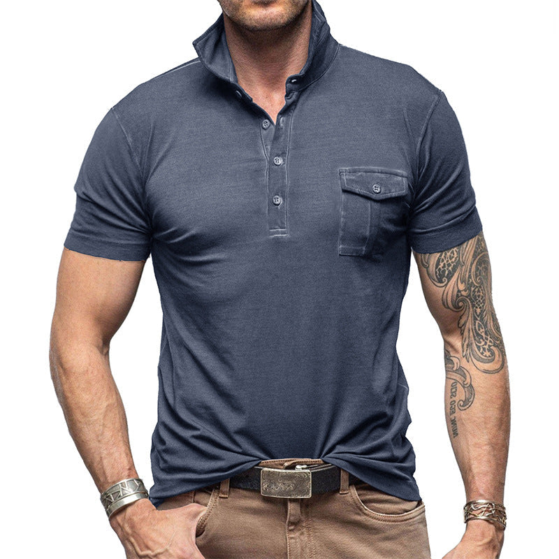 Men's slim fit breathable cotton polo shirt with stand collar and chest pocket, versatile style