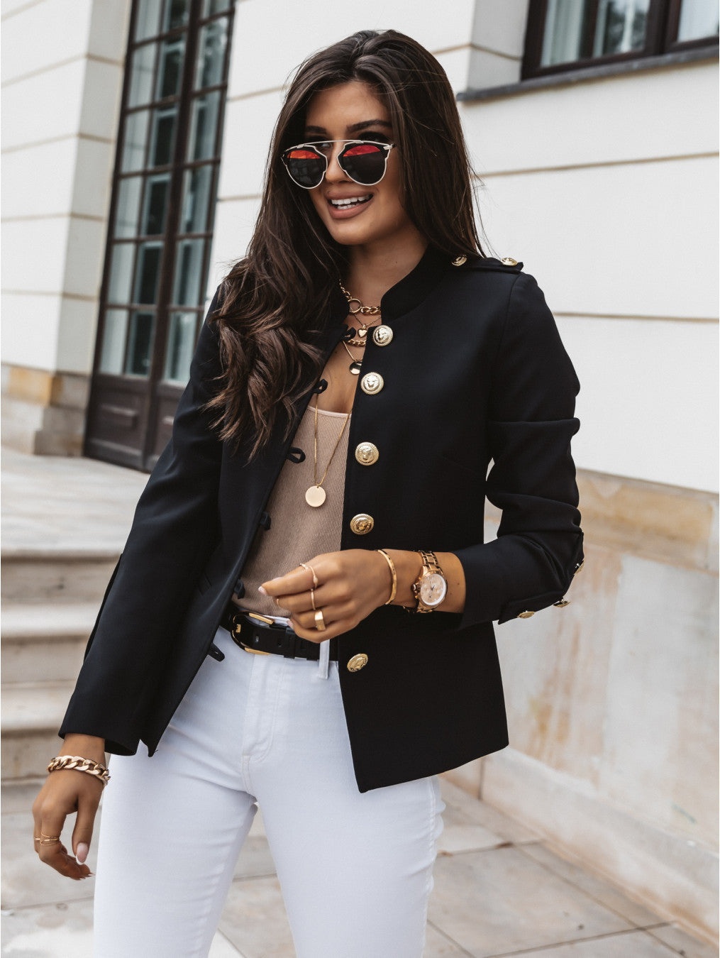 Women's slim fit black blazer with mandarin collar and metallic button detail for work and evening