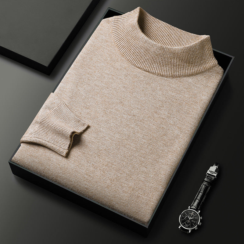 Men's slim fit half turtleneck winter knit sweater in classic neutral tone, modern wardrobe essential