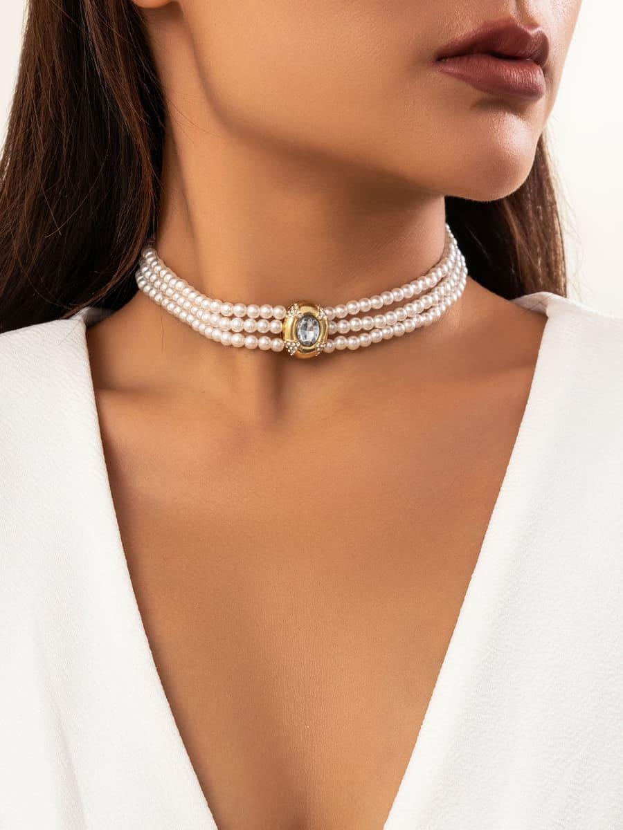 Women's short faux pearl turquoise bead necklace elegant light luxury bohemian choker jewelry