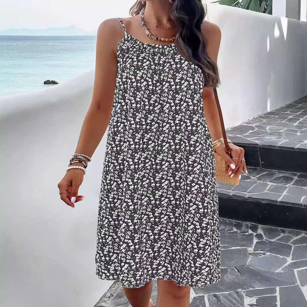 Women's floral print swing dress knee-length cotton blend with adjustable straps, breathable summer style